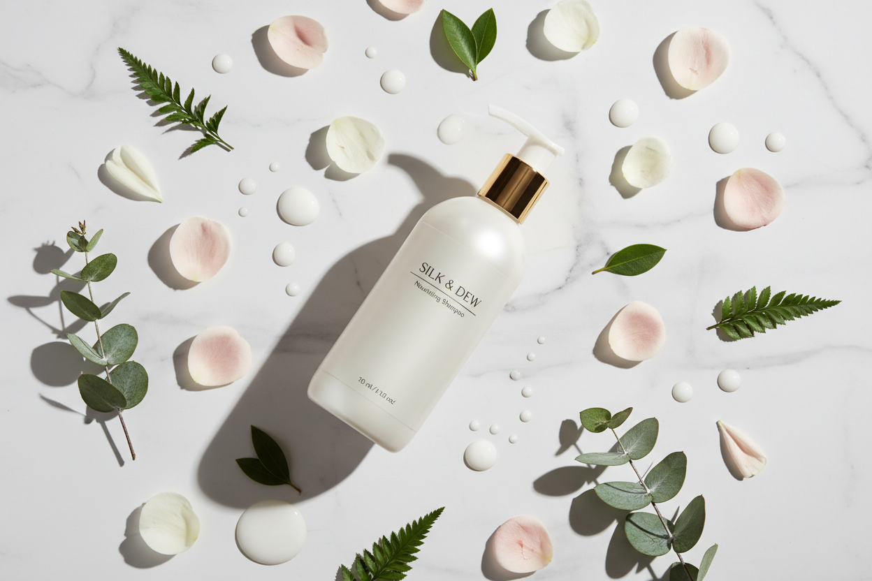 Silky smooth shampoo flat lay