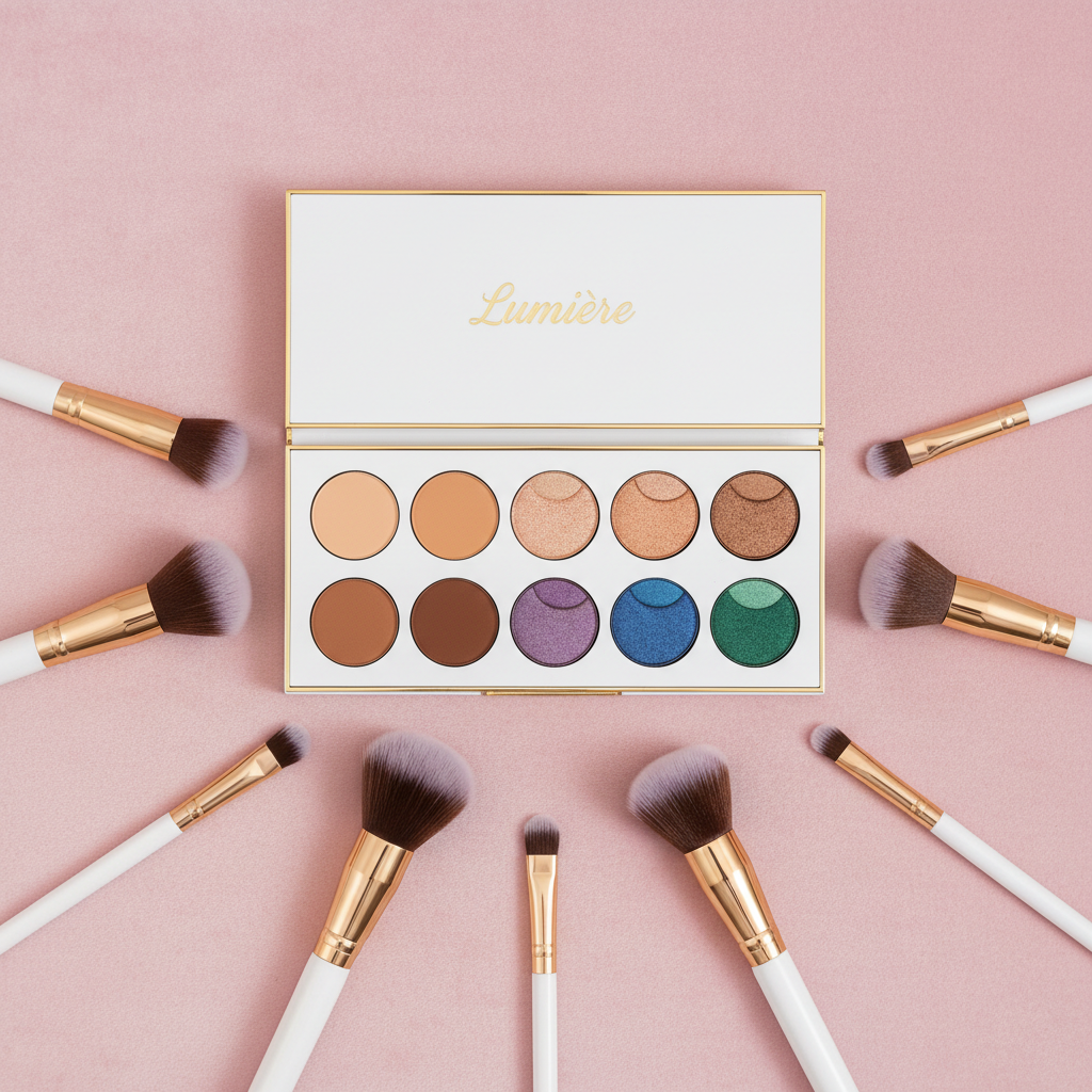 12-color face palette flat lay with makeup brushes