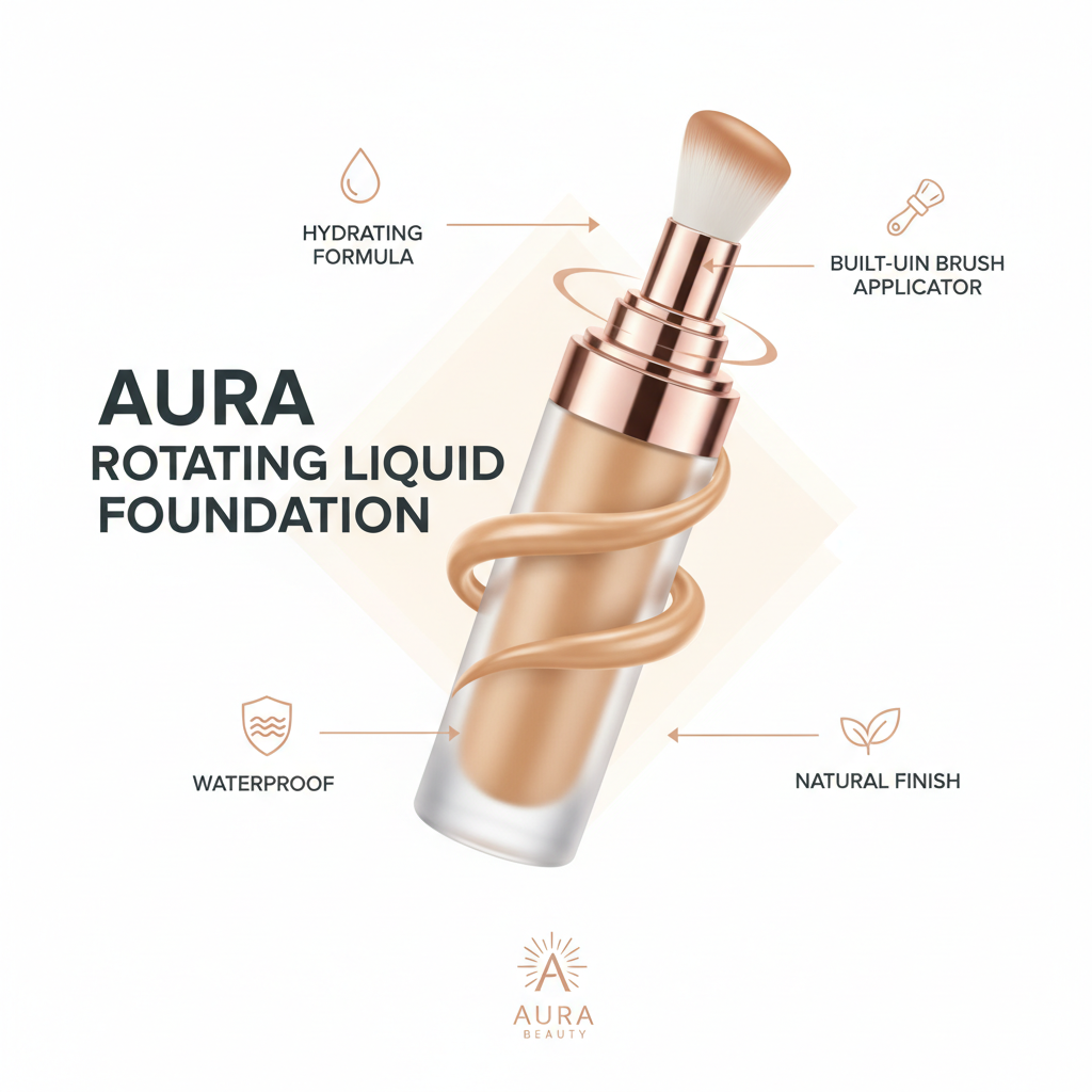Rotating liquid foundation infographic with key features