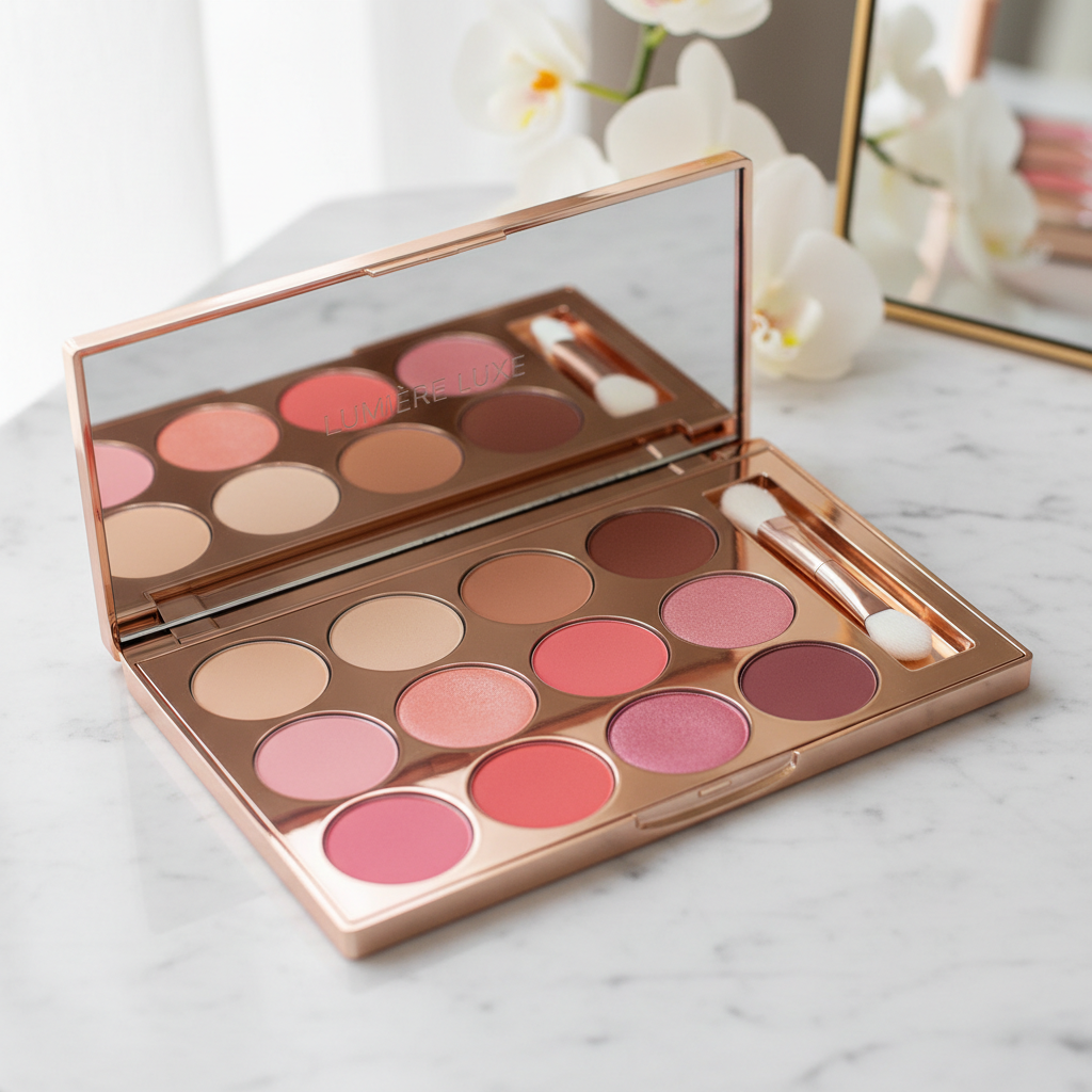 12-color concealer and blush palette on marble surface