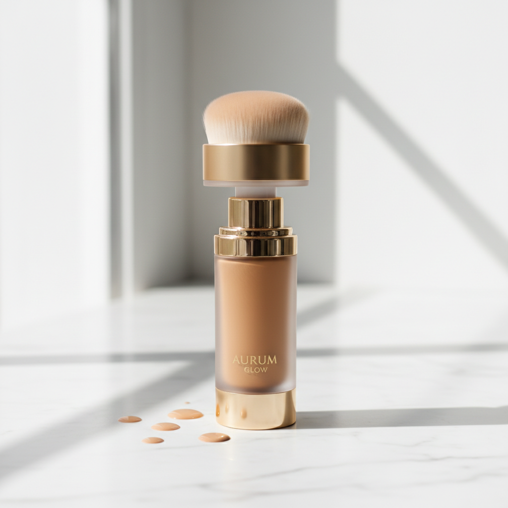 Rotating liquid foundation with built-in brush on marble surface