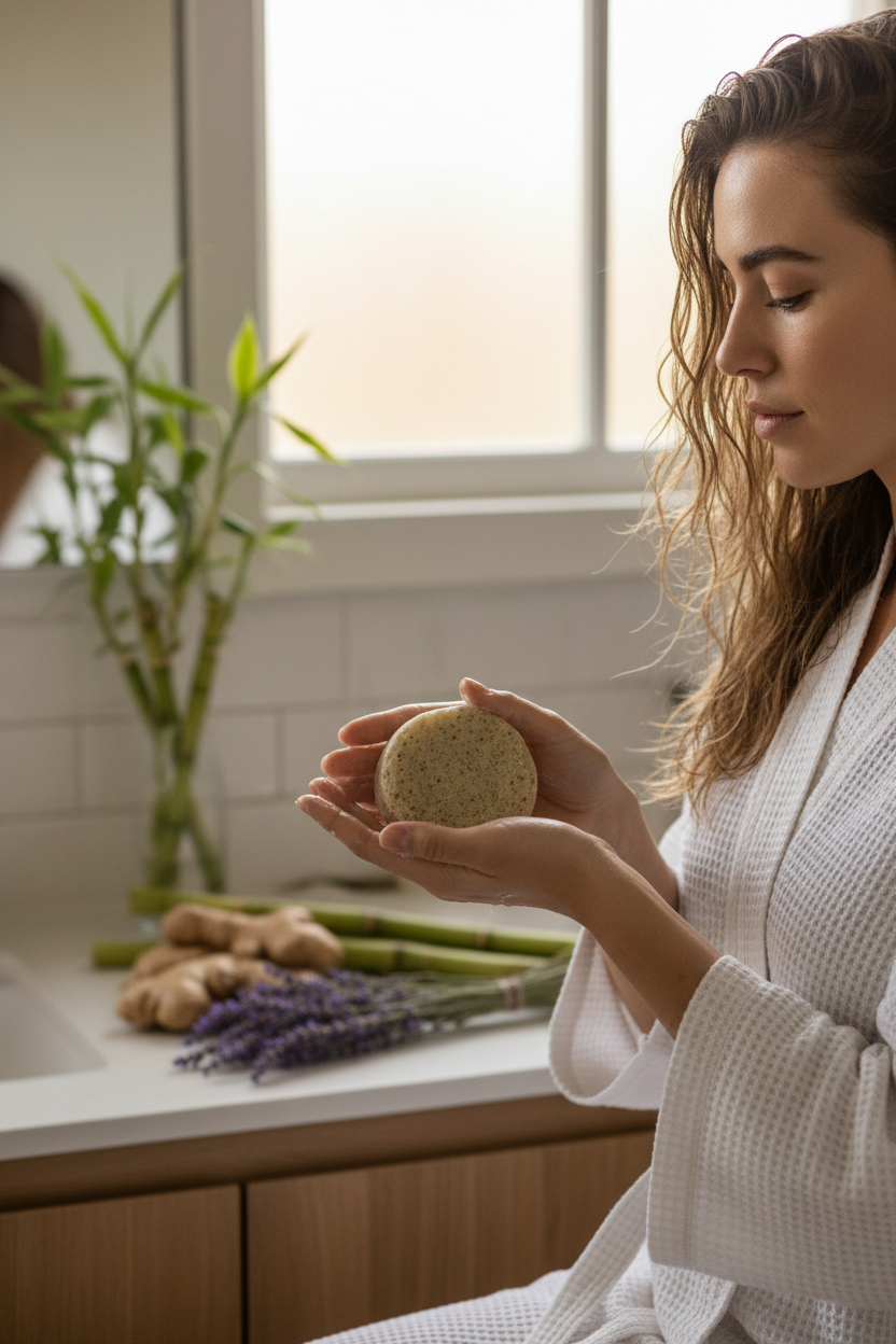 Botanical shampoo bar lifestyle shot