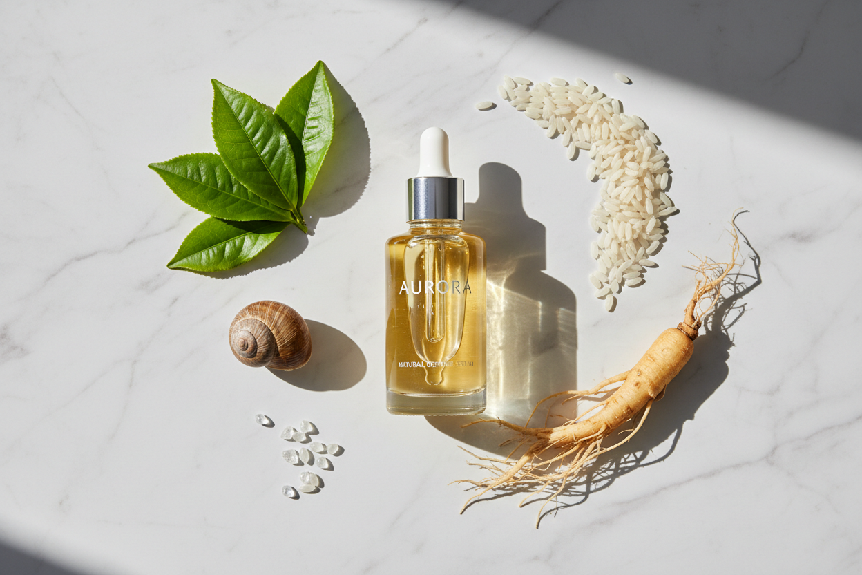 Korean Glow Serum ingredients flat lay
