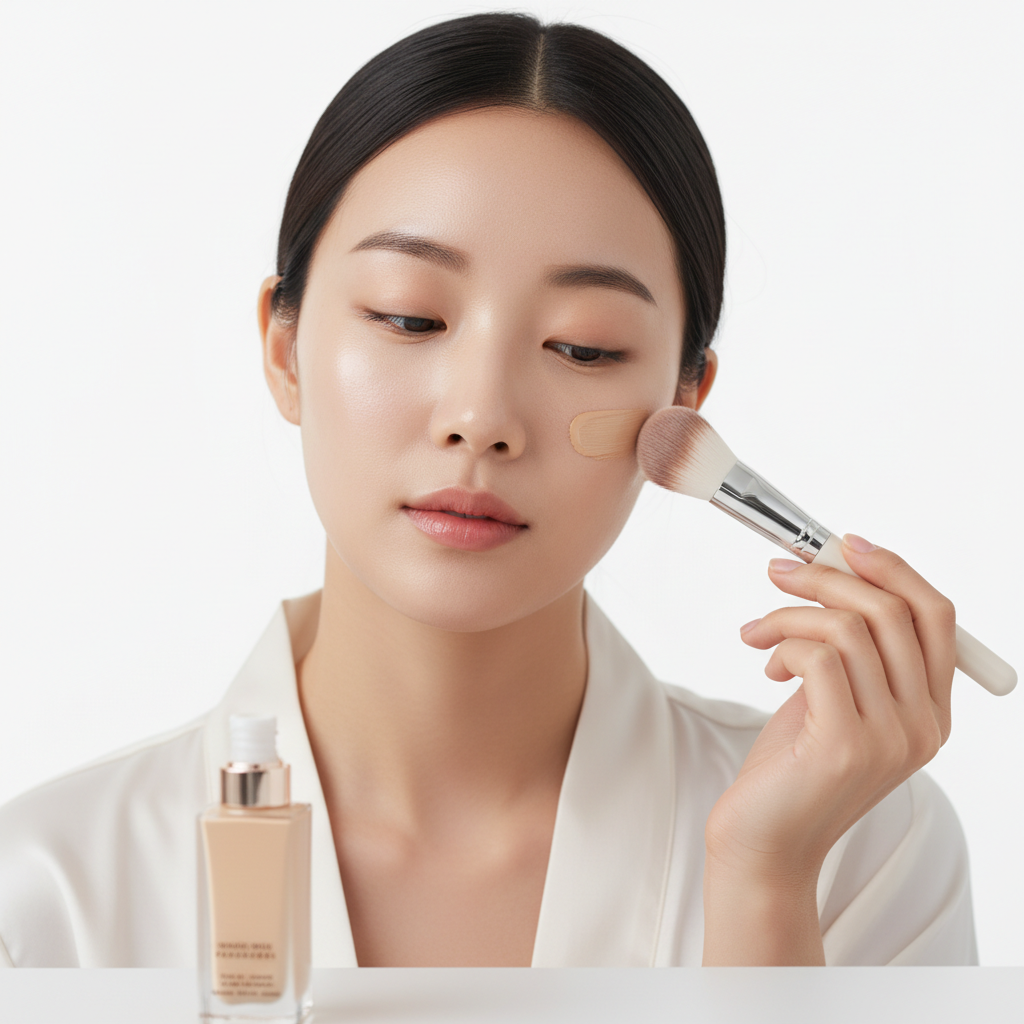 Woman with flawless skin applying liquid foundation