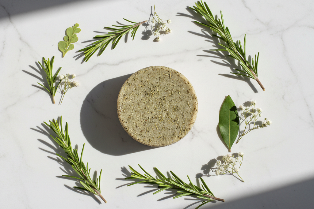 Rosemary shampoo bar flat lay