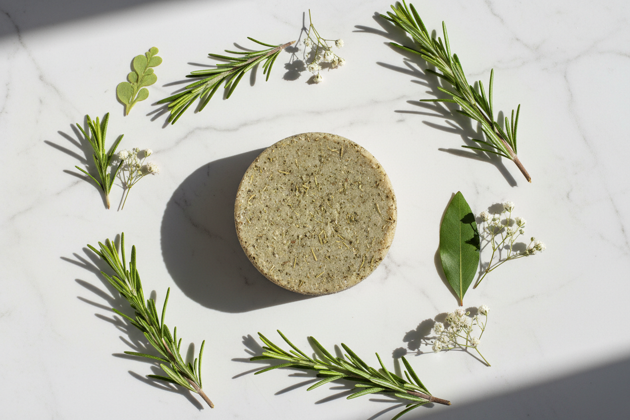 Rosemary shampoo bar flat lay
