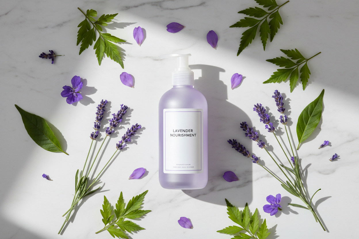 Lavender shampoo flat lay
