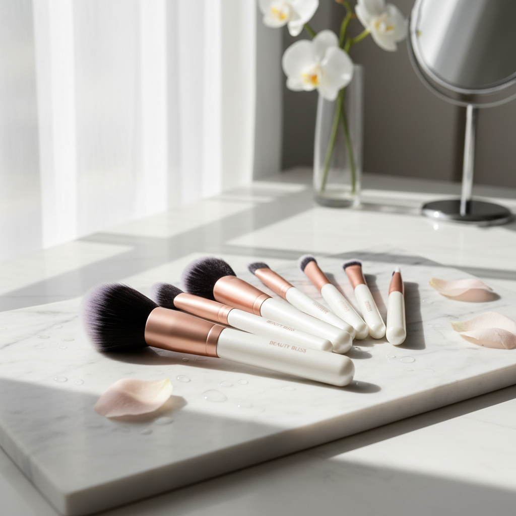 Professional 8-piece makeup brush set on marble surface