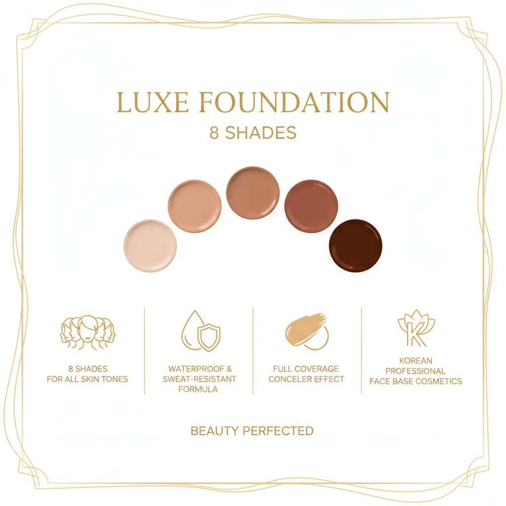 8-Shade Full Coverage Liquid Foundation – Waterproof Korean Formula