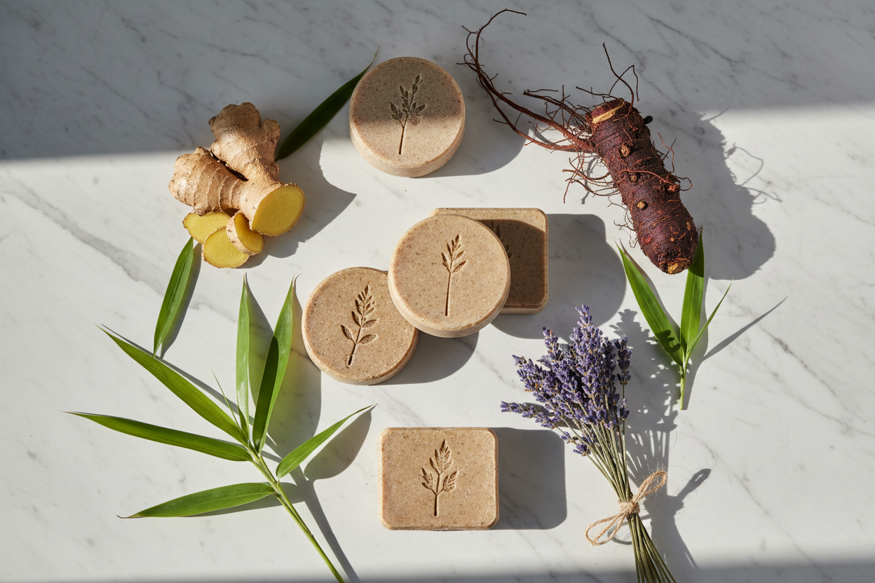 Botanical shampoo bar flat lay