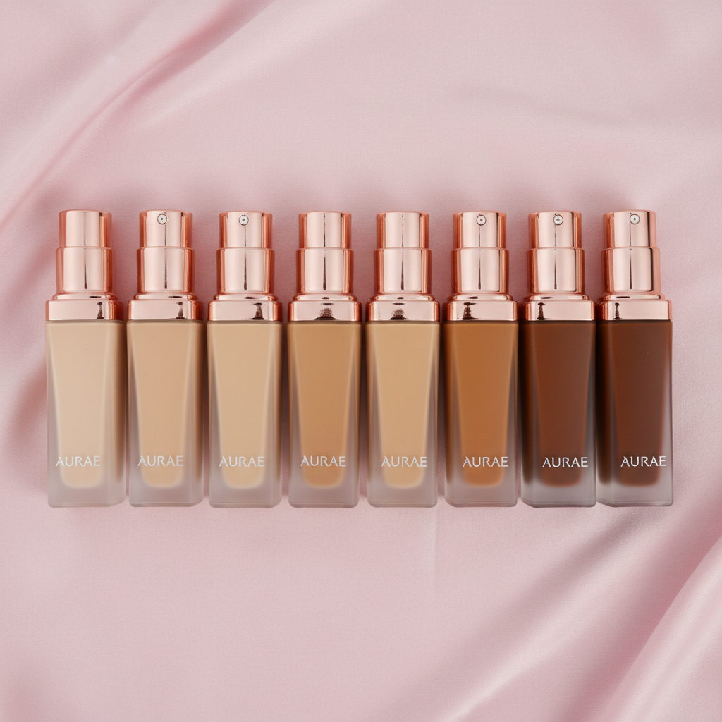 8 foundation shades flat lay from light to dark