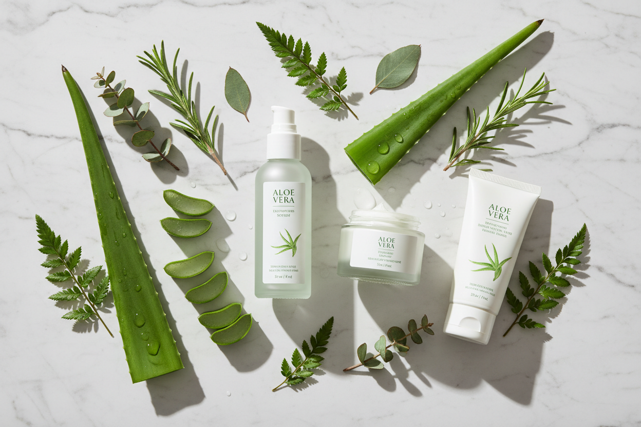 Aloe vera skincare flat lay