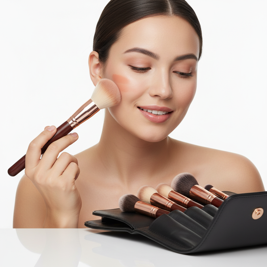 Woman applying makeup with professional brush set