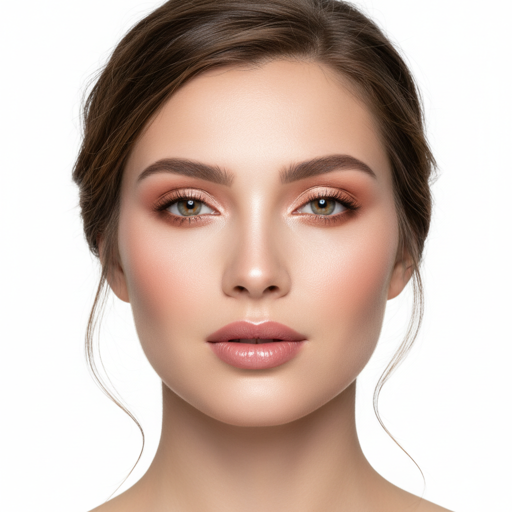 Woman with sculpted makeup using blush and highlight palette