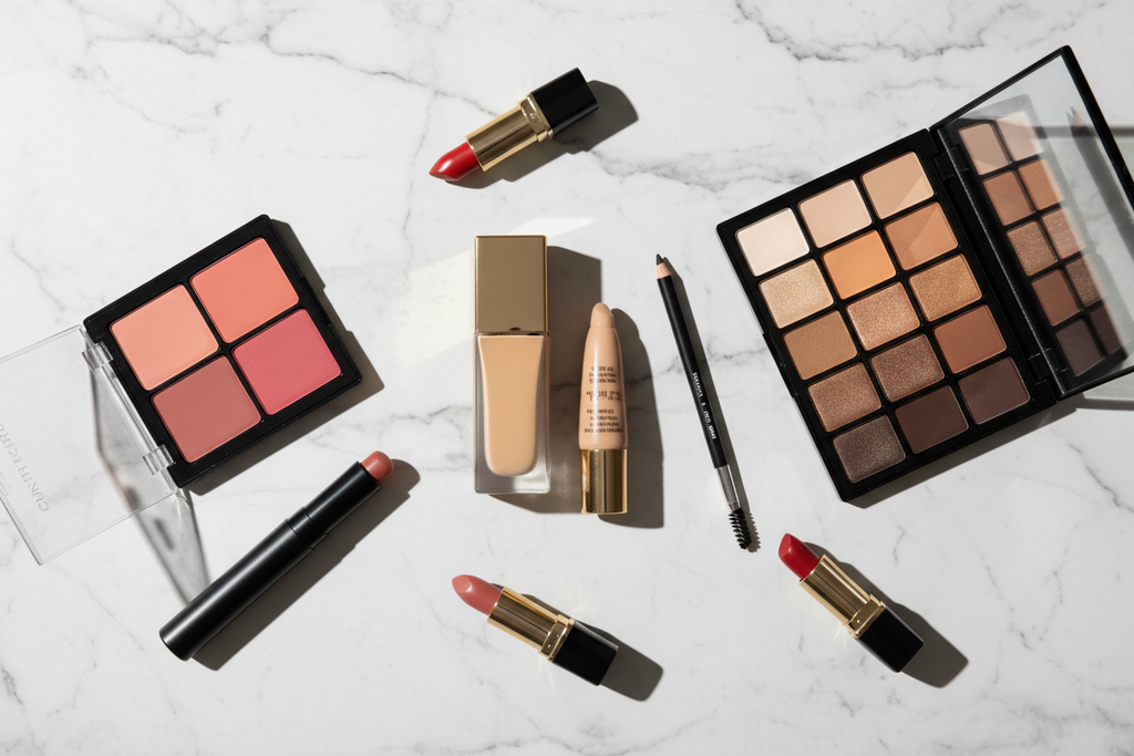 Complete makeup set flat lay