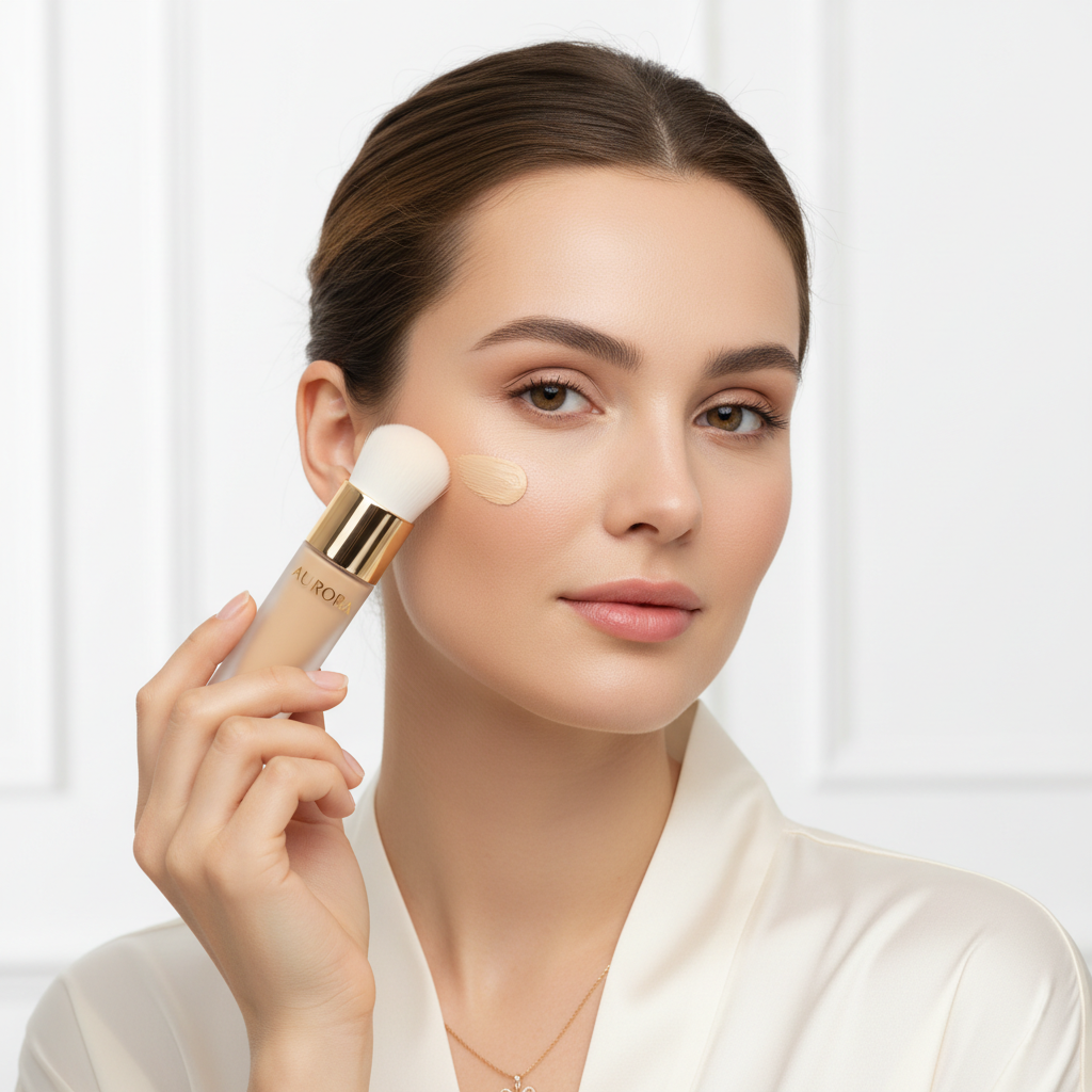 Woman applying foundation with built-in brush applicator