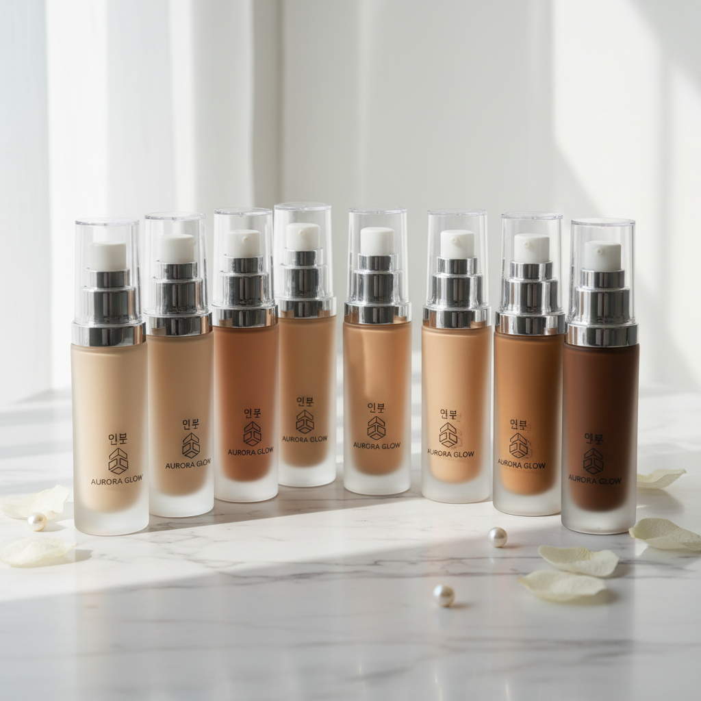 8-color liquid foundation bottles on marble surface