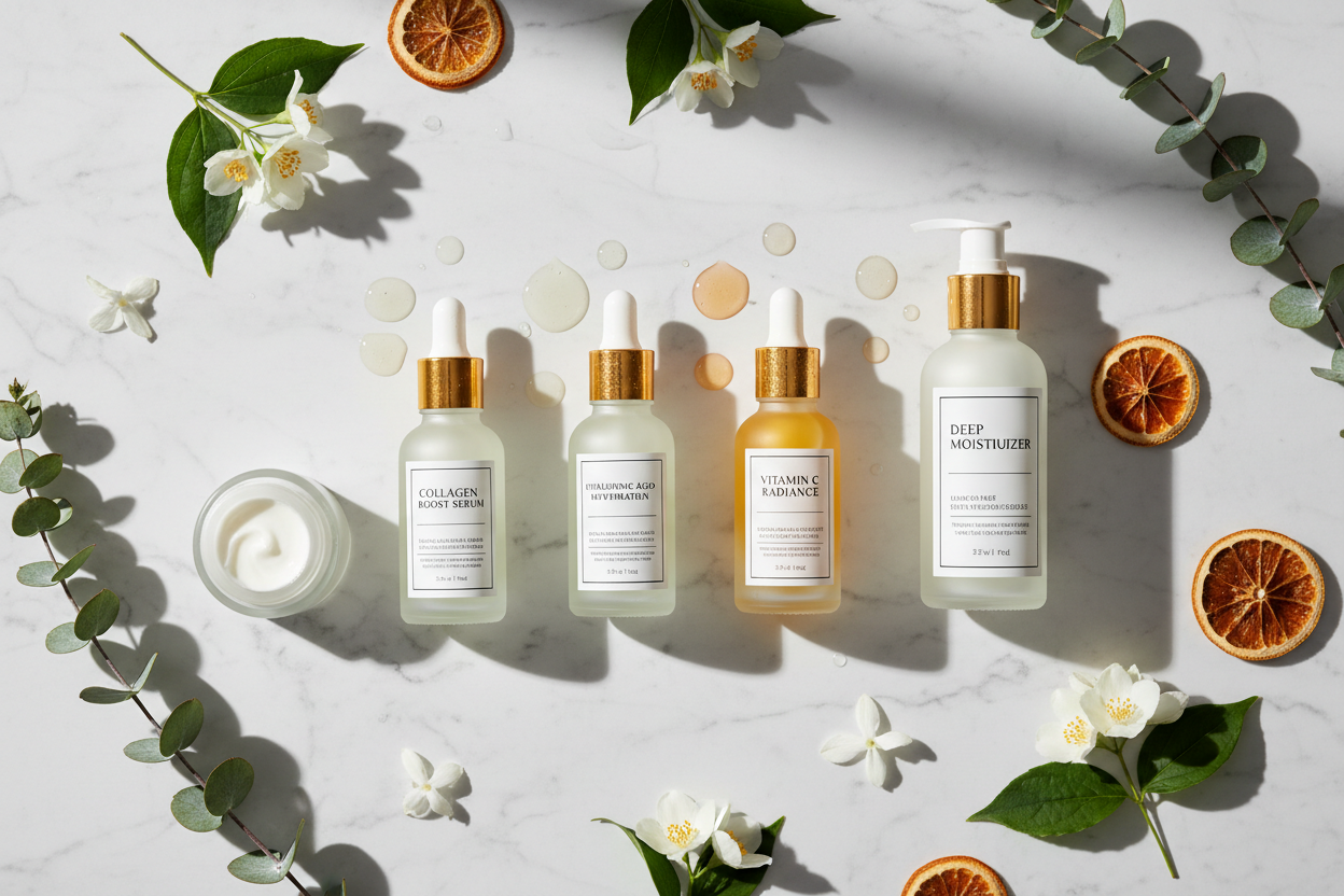 Skincare set flat lay
